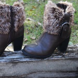 Sugar Pursuit Brown Boots with Faux Fur Collar